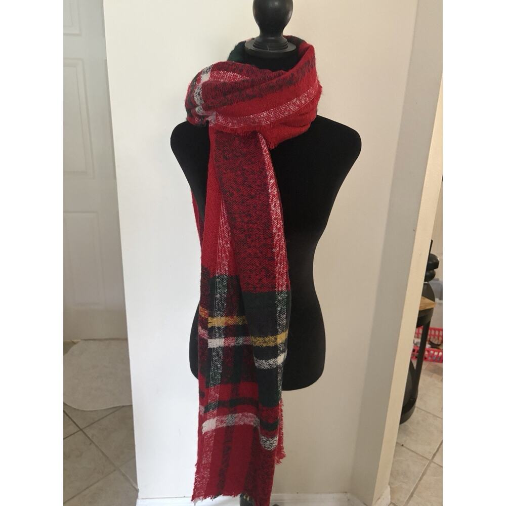 J Jill Cherry Red Multicolor Plaid Fringe Soft Rectangle Scarf 72x25